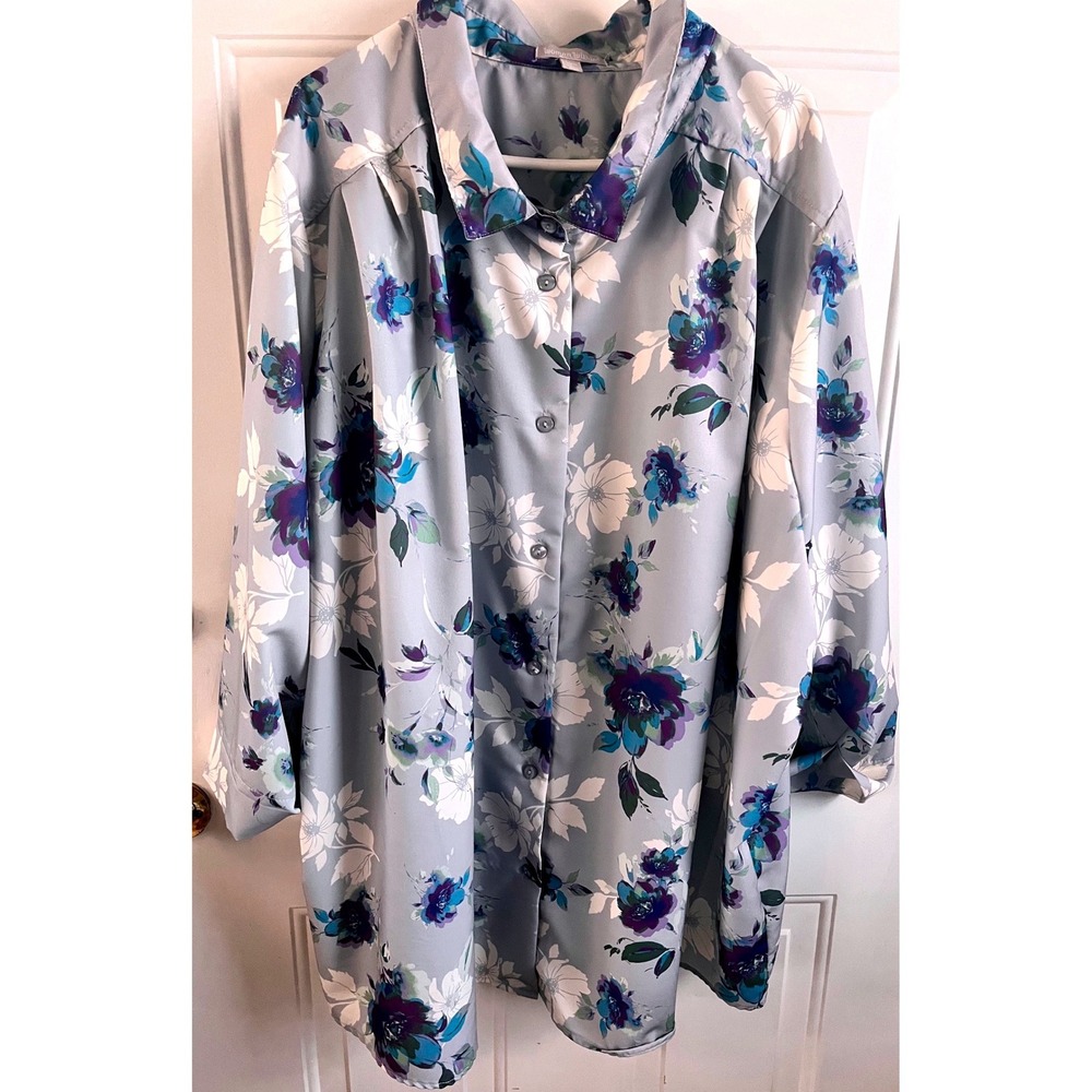 Woman Within Button Up Shirt Tunic Top Women's 4X Gray Blue Purple